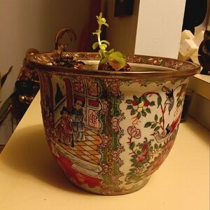 Porcelain hand painted Chinese fish bowl, " my dead plant pot " lol